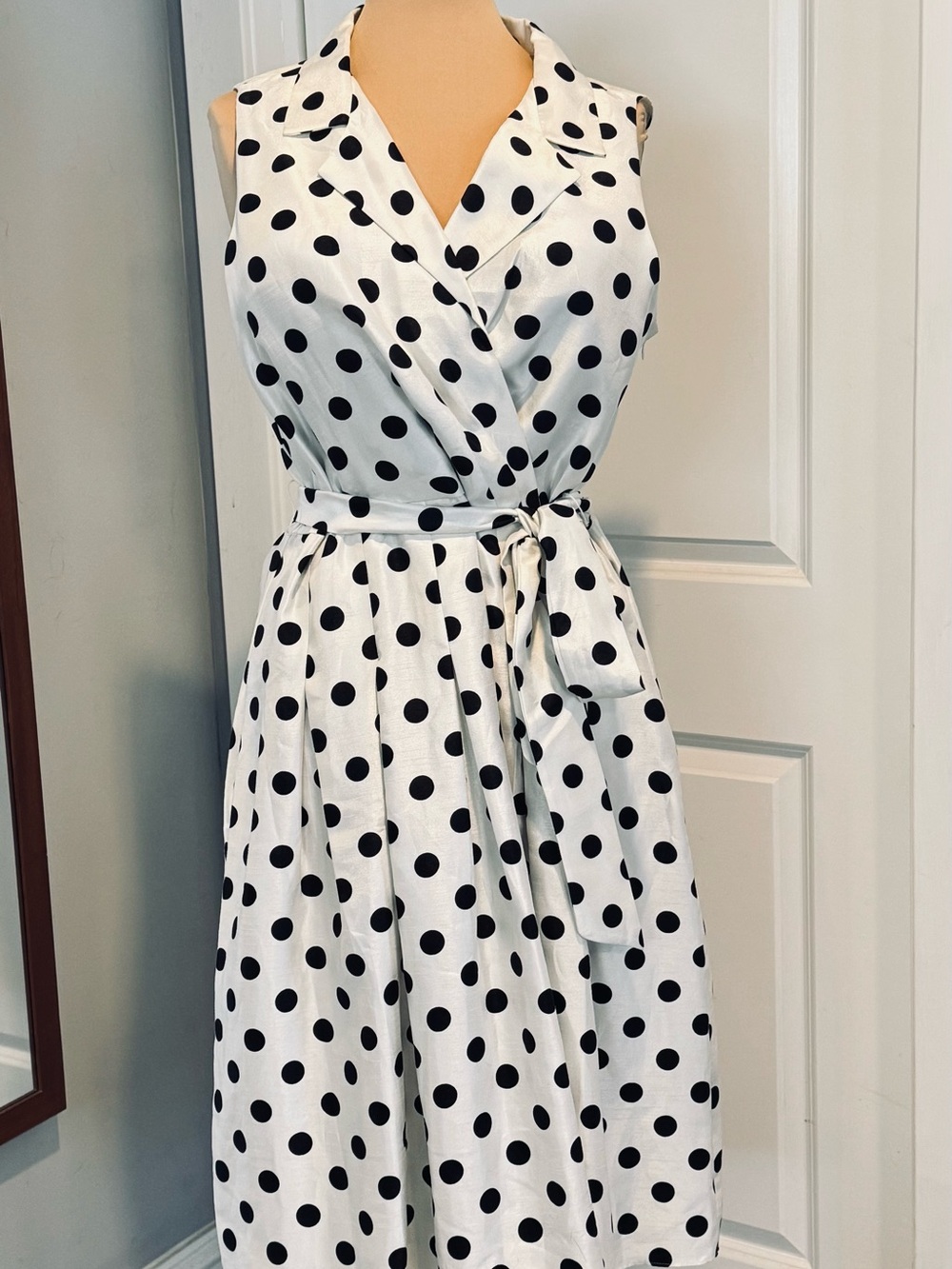 Jessica Howard Black White Polka Dot Faux Wrap Sleeveless Mid Fit Flare Dress 18 - Picture 7 of 12